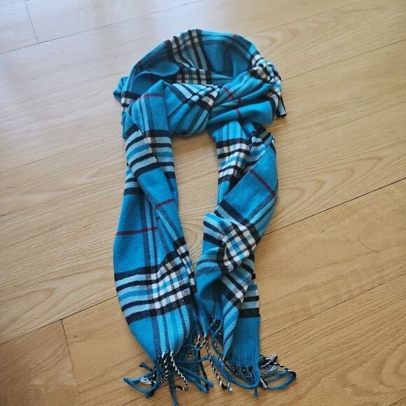 100% Cashmere Scarf Turquoise B&W Plaid Tartan‎ Fringe Made in Scotland Lux EUC - Picture 5 of 5